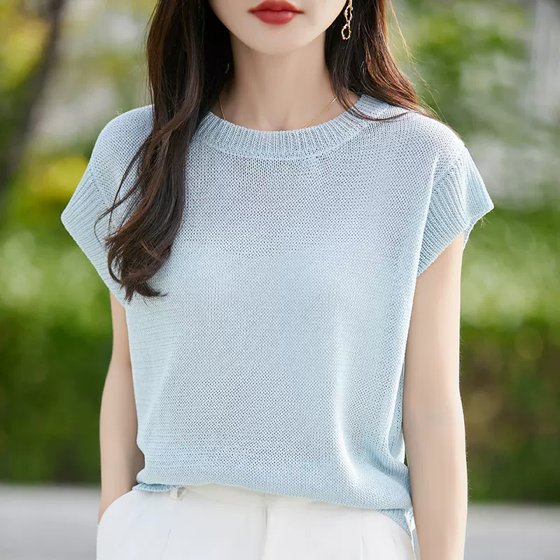 夏季新款亚麻针织短袖T恤女圆领纯色飞飞袖背心休闲简约百搭上衣