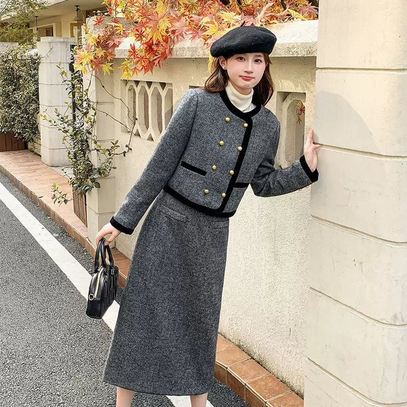 法式复古小香风外套半身裙两件套冬季新款90白鸭绒羽绒服套装女