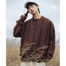 韩路男装圆领宽松绞花毛衣男秋冬新款情侣纯色休闲百搭针织衫外套