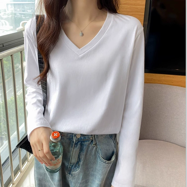 Трансграничный 2024V воротник с длинным рукавом футболка женская свободная тонкая белая нижняя рубашка с хлопчатобумажной рубашкой осенью и осенью