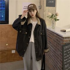 减龄气质设计感中长款灯芯绒领牛仔外套女秋冬大码韩版夹克上衣服