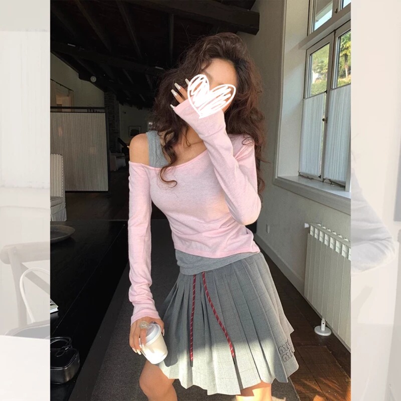 YIDENG コントラストカラーフェイクツーピースオフショルダー Tシャツレディーススタイル不規則な長袖ボトムシャツトップイントレンド|undefined