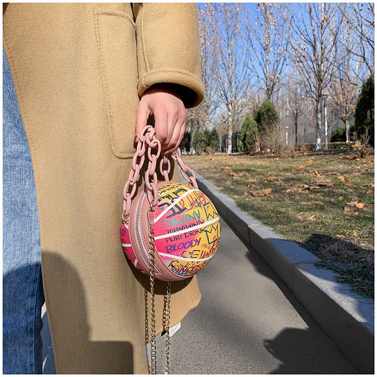 Factory Wholesale In-Stock Cross-Border Graffiti Basketball Bag Handbag Spherical Bag Chain Shoulder Crossbody Letter Women's Bag