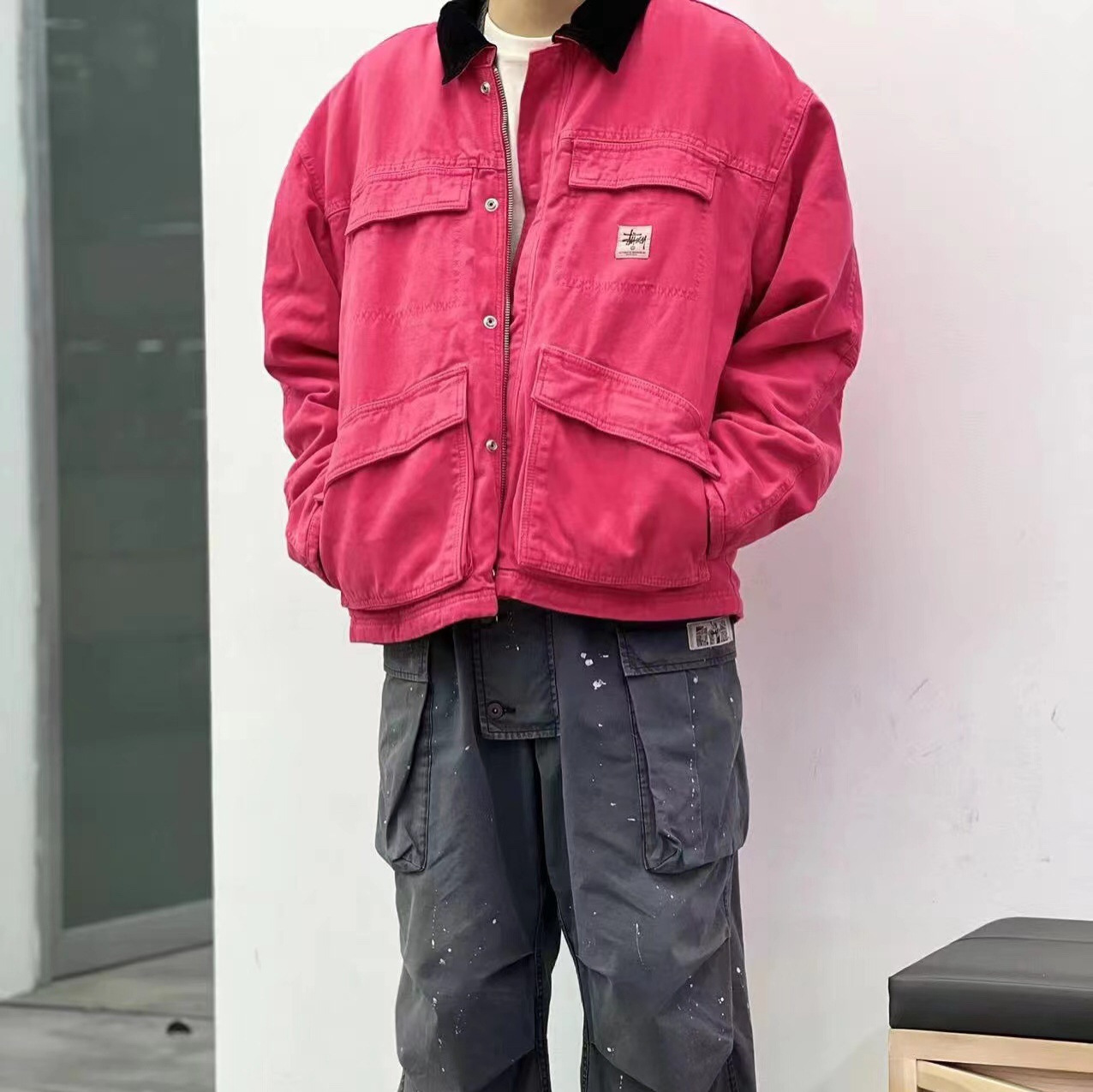 De alta calidad stu Washed Canvas vintage lavada chaqueta de solapa cremallera chaqueta suelta pareja