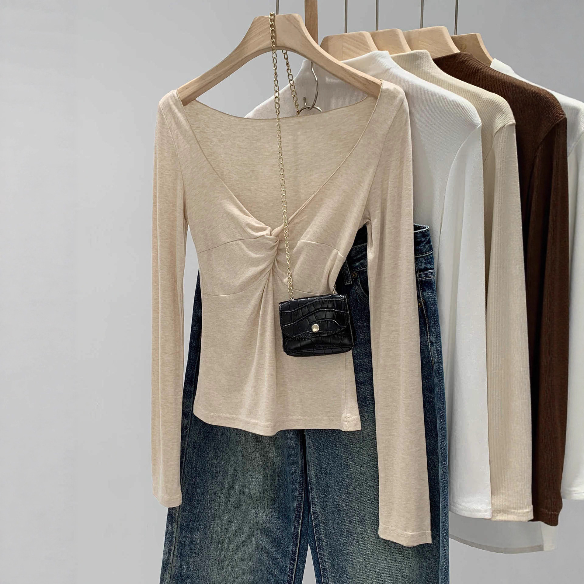 Lyocell Tencel Wool High-End Twisted V Neck Bottoming Shirt for Women Autumn and Winter 2025 New Slim-Fitting Inner Top