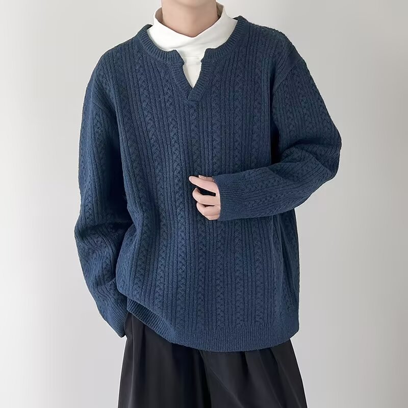 Pull en tricot à col en v pour homme en mélange coton hiver_voghion.com