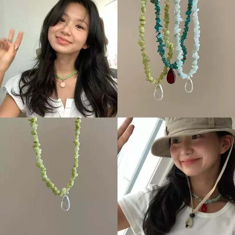 Earrings suit ins Blogger Fever Irregular Color Natural Stone Beaded Water Drop Necklace Women's Clavicle Chain