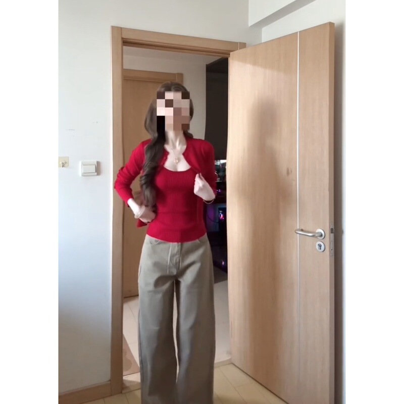 INS CEC纯欲辣妹风红色吊带背心外搭针织开衫上衣休闲裤三件套|undefined
