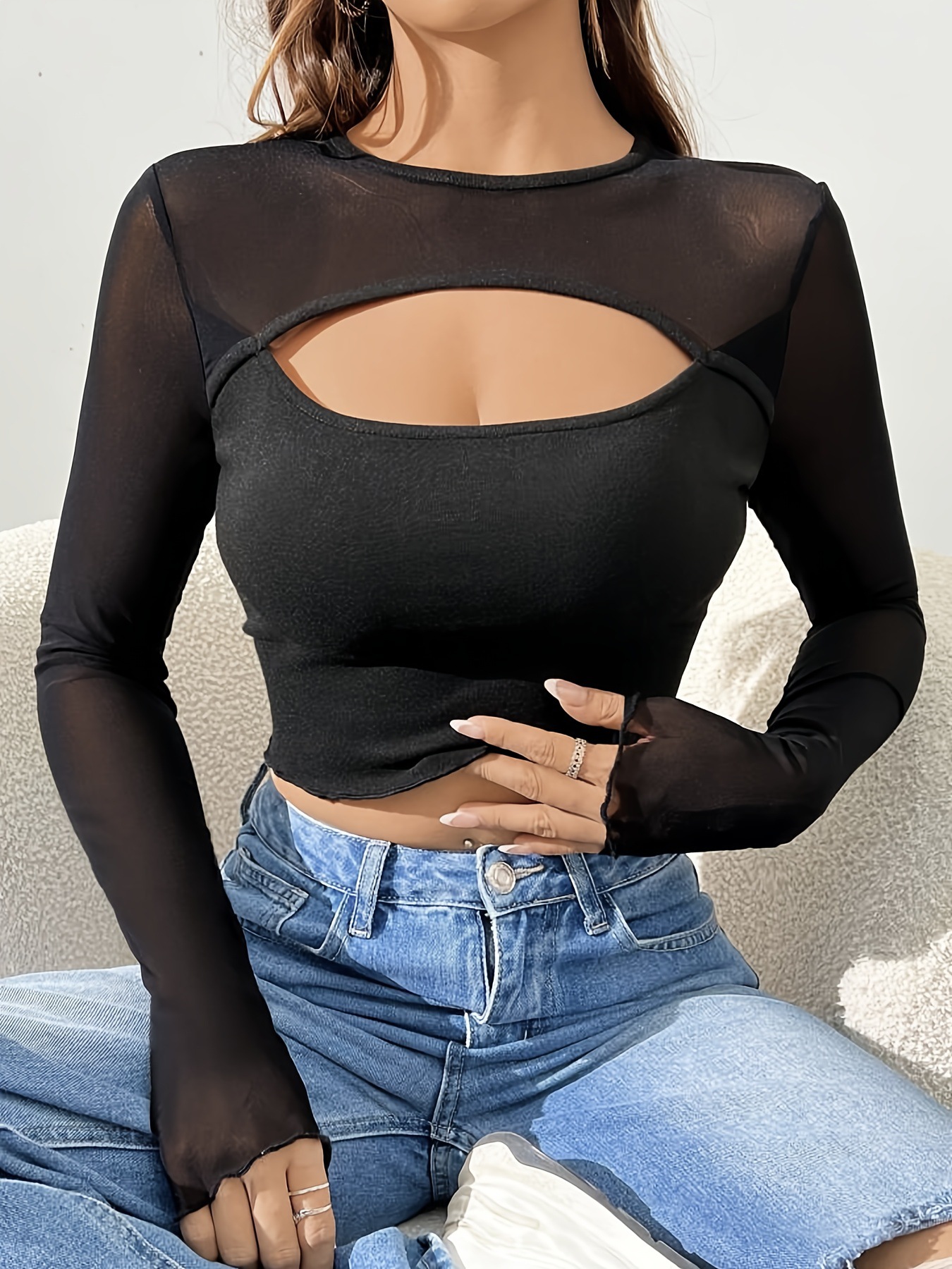 Europa y los Estados Unidos transfronterizos 2026 nuevo pecho sexy agujero malla empalmado camiseta corta de manga larga delgada blusa para mujeres image 1