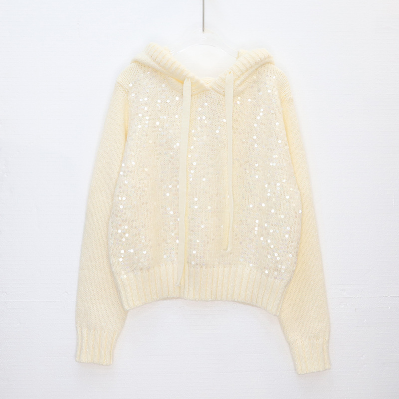 Women's Clothing light luxury sequined hooded sweater autumn and winter high end temperament versatile warm long sleeved knitted sweater women's trend_voghion.com