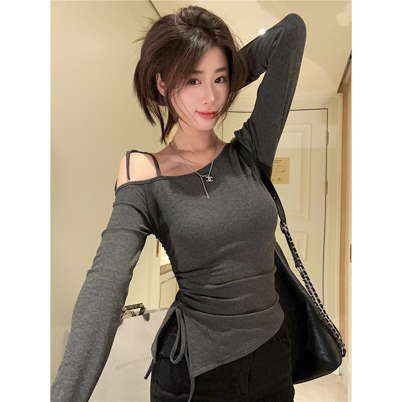 Chic Lace-Up Off-Shoulder Long-Sleeved T-Shirt for Women Autum 2025 New Pure Lust Hottie Drawstring Short Asymmetrical Top