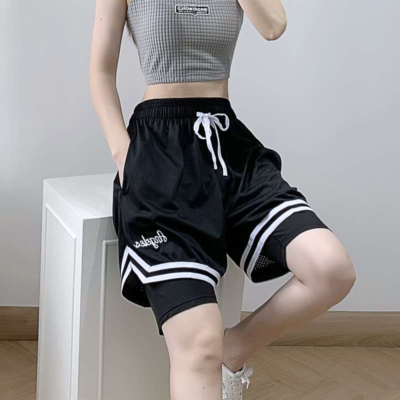American Basketball Shorts Women's Fake Two-piece Student Sports Training with Lining Casual Running Women's Pants