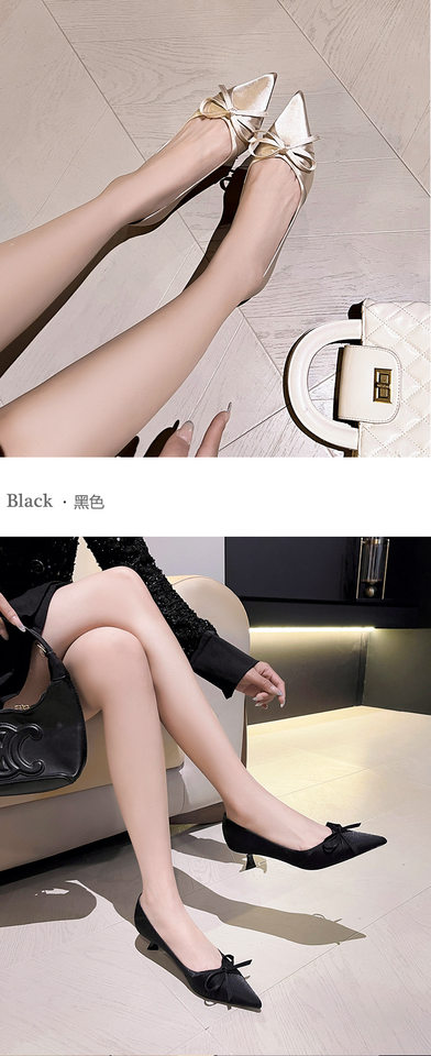 Giày cưới nữ mũi nhọn gót vừa thắt nơ chất liệu lụa — màu đen, màu đỏ, quả mơ chi tiết 11