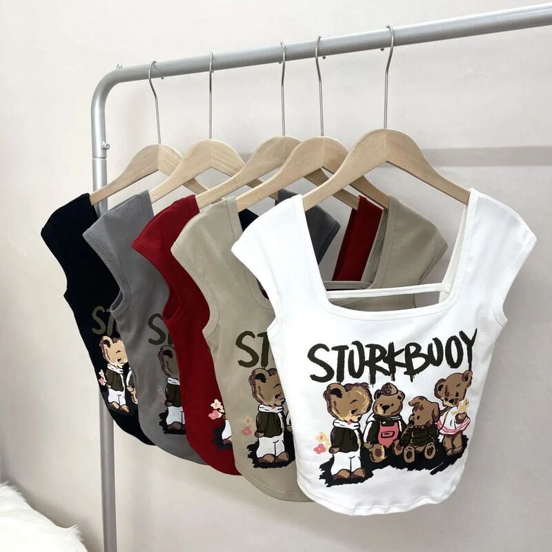 Bear Printed Spice Girl Vest Women's Design Sense All-match Dew Strap Chest Pad Slim-fit Base Beautiful Back Short Top for Summer Bear Printed Spice Girl Vest Women's Design Sense All-match Dew Strap Chest Pad Slim-fit Base Beautiful Back Short Top for Summer
