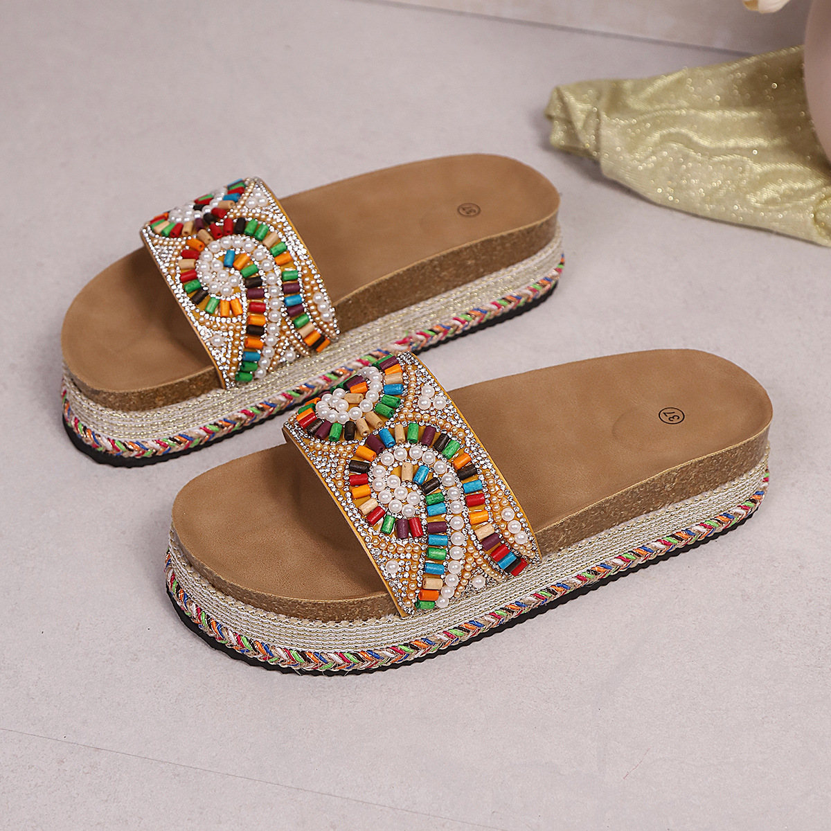 Women's Thick Soled Cork Beach Sandals New Style plus Size Rhinestone Ethnic Size 43_voghion.com