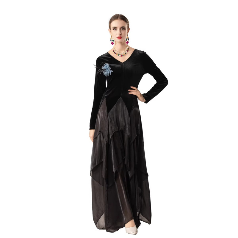 26 Spring New Black Velvet Mesh Splicing Dress V-Neck Long-Sleeved Irregular Hem Retro Light Luxury Dress