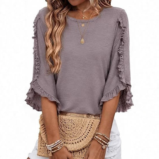 Amazon European and American cross-border women's clothing new product: 3/4 sleeve women's round neck ruffle sleeve shirt, elegant style for autumn and winter