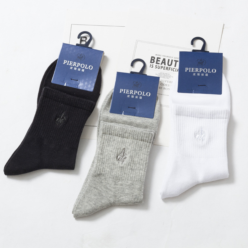 PIERPOLO embroidered men's socks sports style combed cotton socks solid black and white gray men's socks wholesale