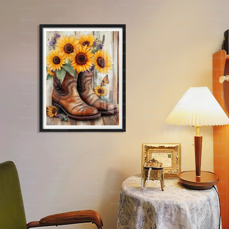 Mona Lisa real girasol de bordado cruzado y viejos zapatos de cuero nuevo estilo minimalista estética pequeña sala de estar bordado