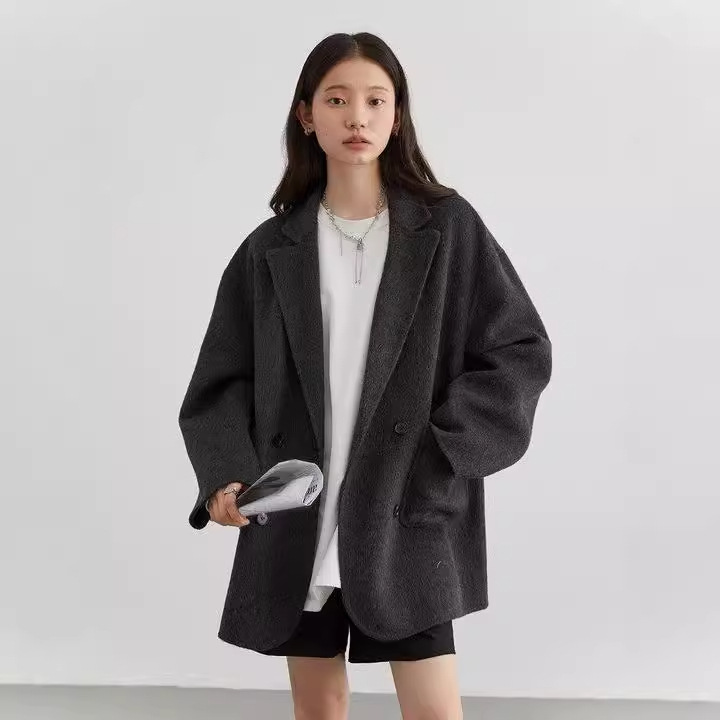 Lieferkette 100% australische Wolle Herbst 2024 neuer lässiger doppelseitiger Mauni-Mantel Blazer Frauen