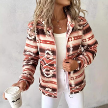 欧美新款亚马逊大码时尚休闲女装宽松几何图案印花连帽拉链外套女