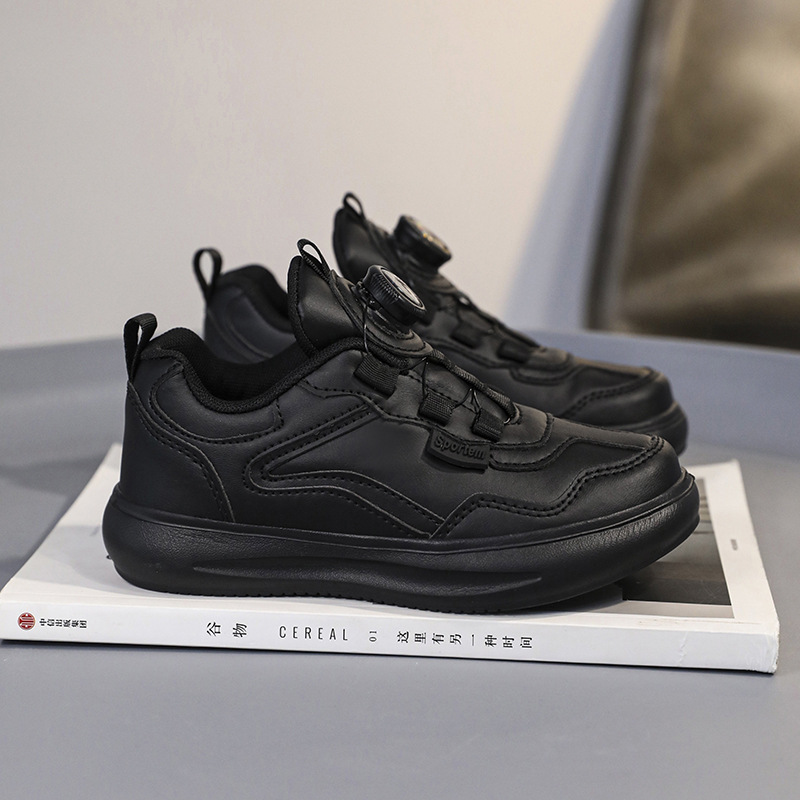 Nuevos zapatos deportivos para niños y niñas, cuero impermeable, botón giratorio, zapatos deportivos infantiles ligeros y versátiles, zapatos blancos para estudiantes