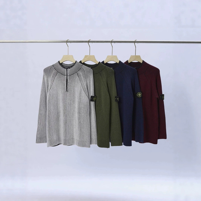 Stone Stone Cuff Label Half-Zip Crew Neck Drop Shoulder Long Sleeve Core-Spun Yarn Sweater Unisex Cross-Border In-Stock