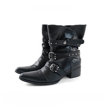 小众设计褶皱西部皮面短靴女2025新款欧美时尚显瘦粗跟尖头骑士靴