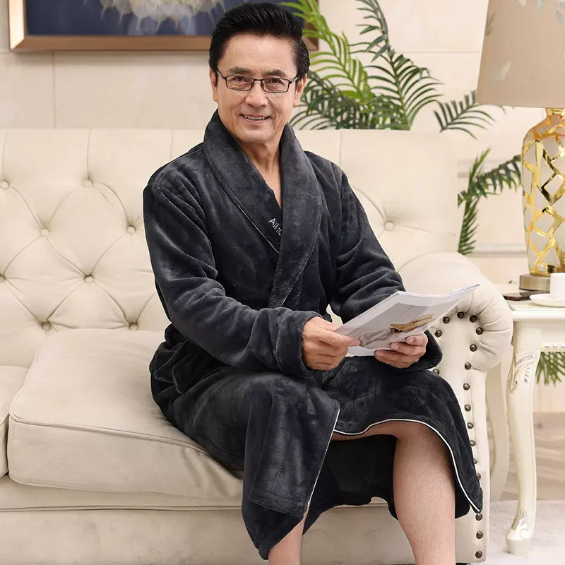 珊瑚绒睡袍男士秋冬季加厚加绒睡衣中老年中长款爸爸法兰绒家居服