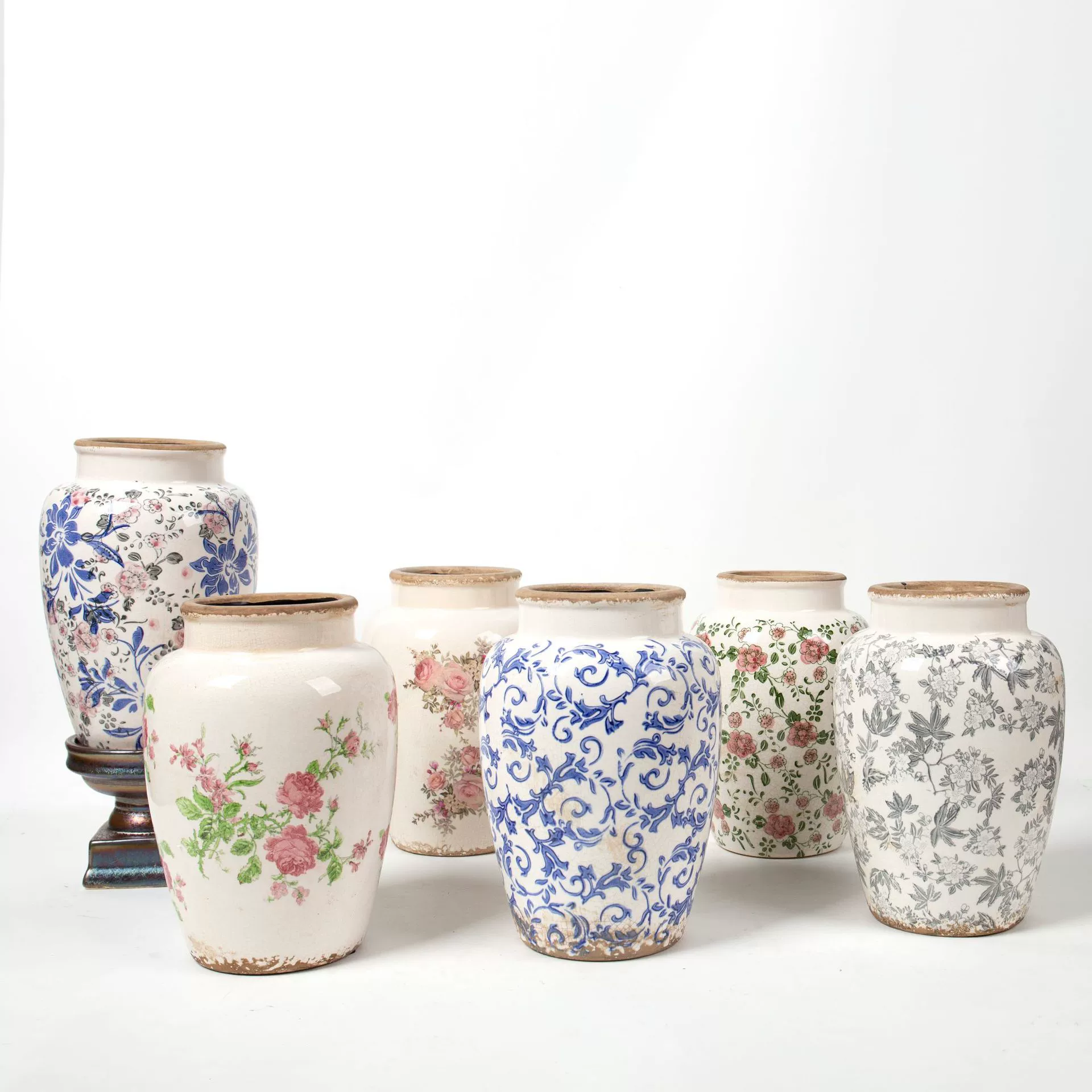 Винтажное сине-белое зеленое растение с трещинами на льду Сгоревший цветочный горшок Ваза/ваза для цветов Вставка для цветов Керамическая глазурь Китайское классическое мягкое платье