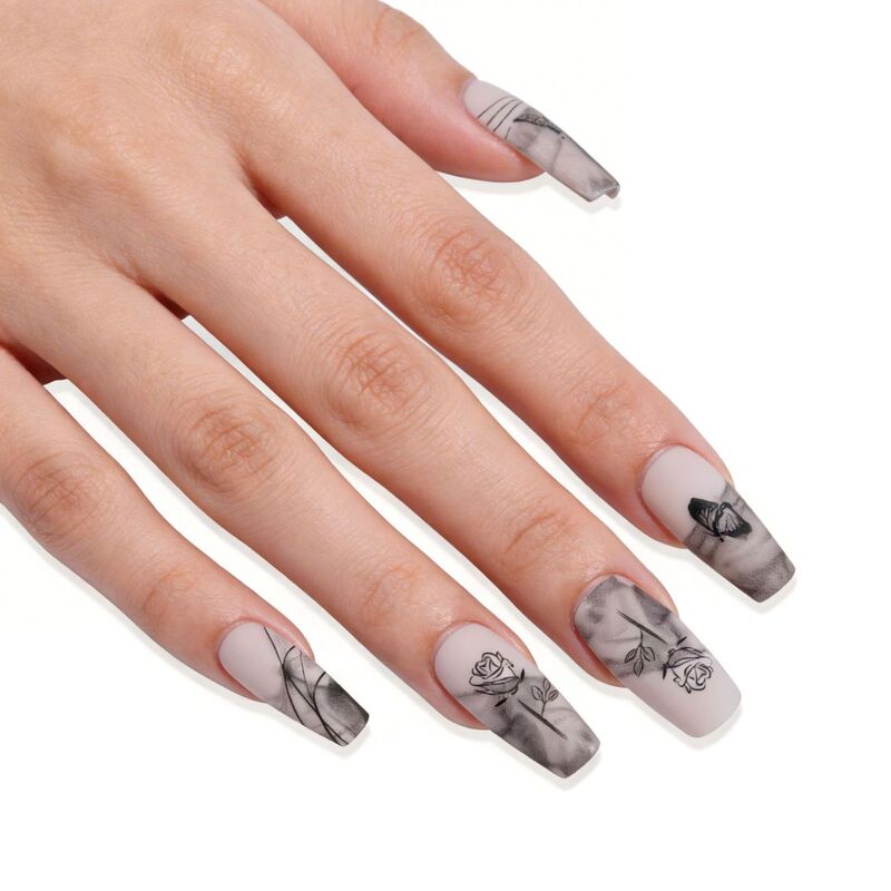2026 New Matte High-End Black Floral Adult False Nails for Export to Europe and America, No Glue Needed, Wearable Nails