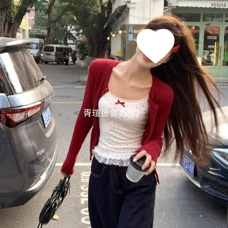 红色修身针织衫圆领女2025春秋季新款辣妹百搭外穿开衫上衣外套潮