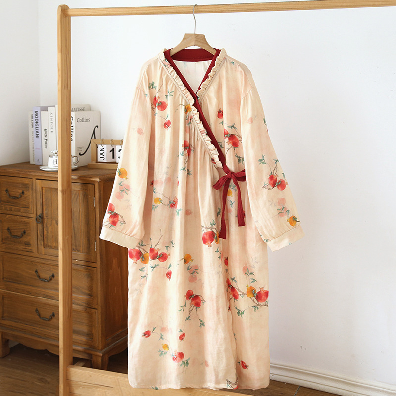 Spring, Summer and Autumn Thin Cotton Gauze Pomegranate Flower Ancient Style Han Dynasty Simple Oblique Placket Long-Sleeved Bathrobe Home Nightgown for Women
