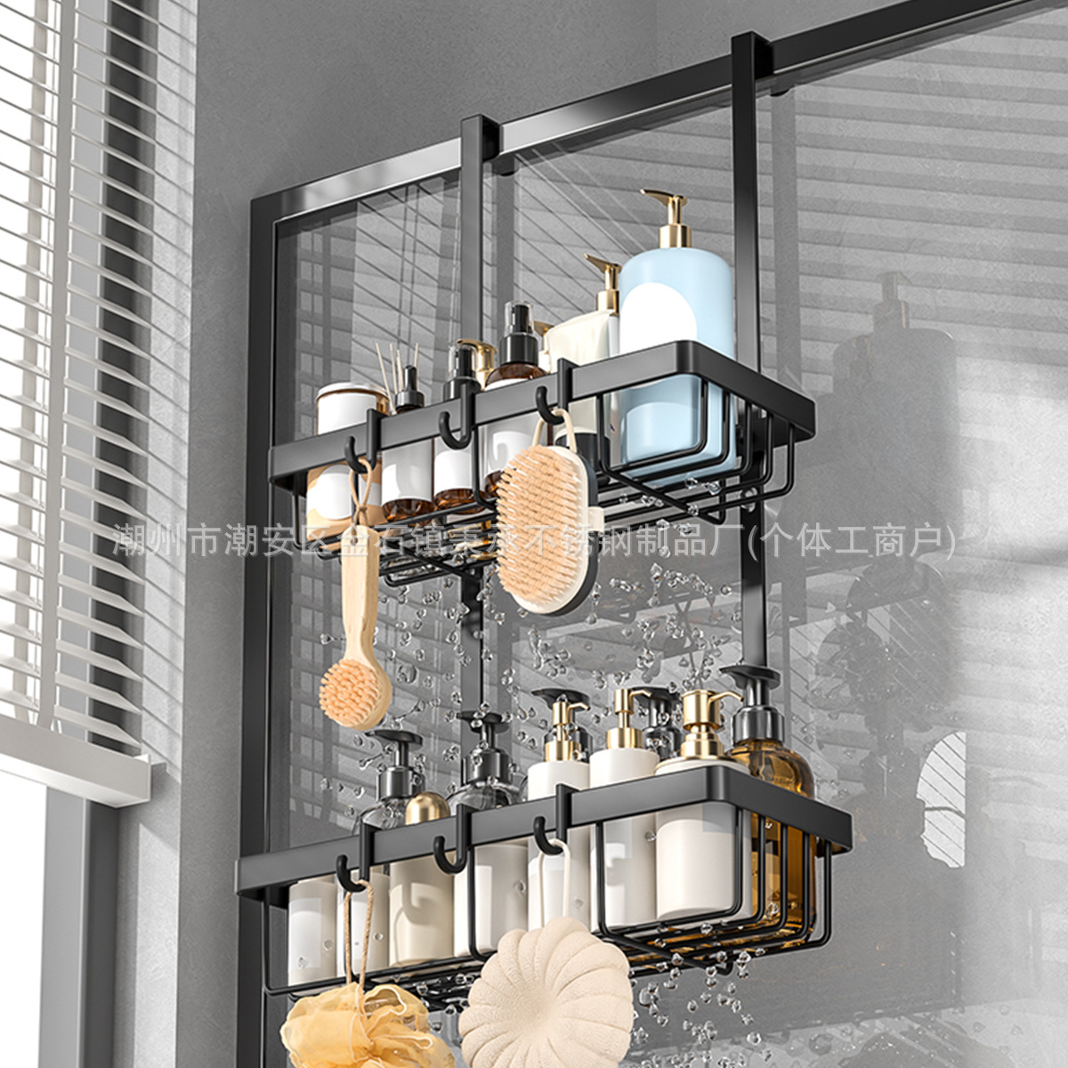 Estante de doble capa en la parte trasera de la puerta del baño con gancho trasero, estante multifuncional para artículos de baño, estante de almacenamiento de baño sin perforación