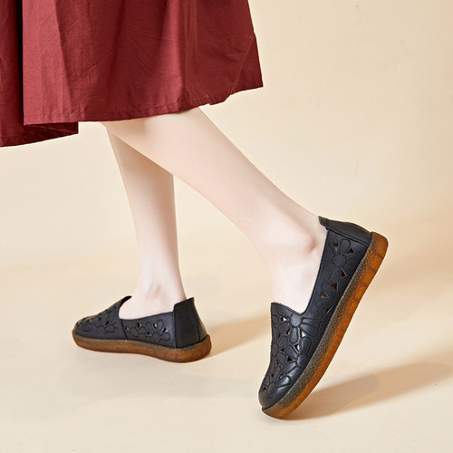 Spring and summer sunflower hollow breathable hole shoes hand-punched sandals summer first layer cowhide pure leather nurse shoes for women