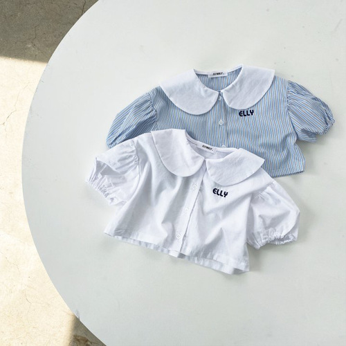 Korean summer girls' T-shirt  new striped letter lapel short-sleeved top cardigan girl baby children's clothing