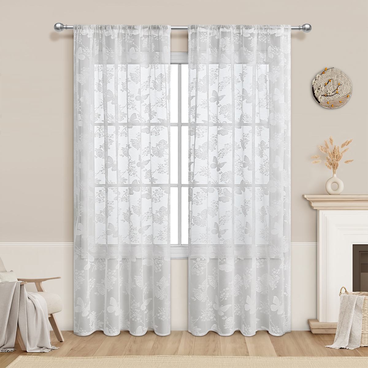 TEMU venta de cortinas de ventanas en stock mariposa transfronteriza flores de amor de mariposa cortinas de encaje blanco SHIN cortinas de productos acabados semi-obturados
