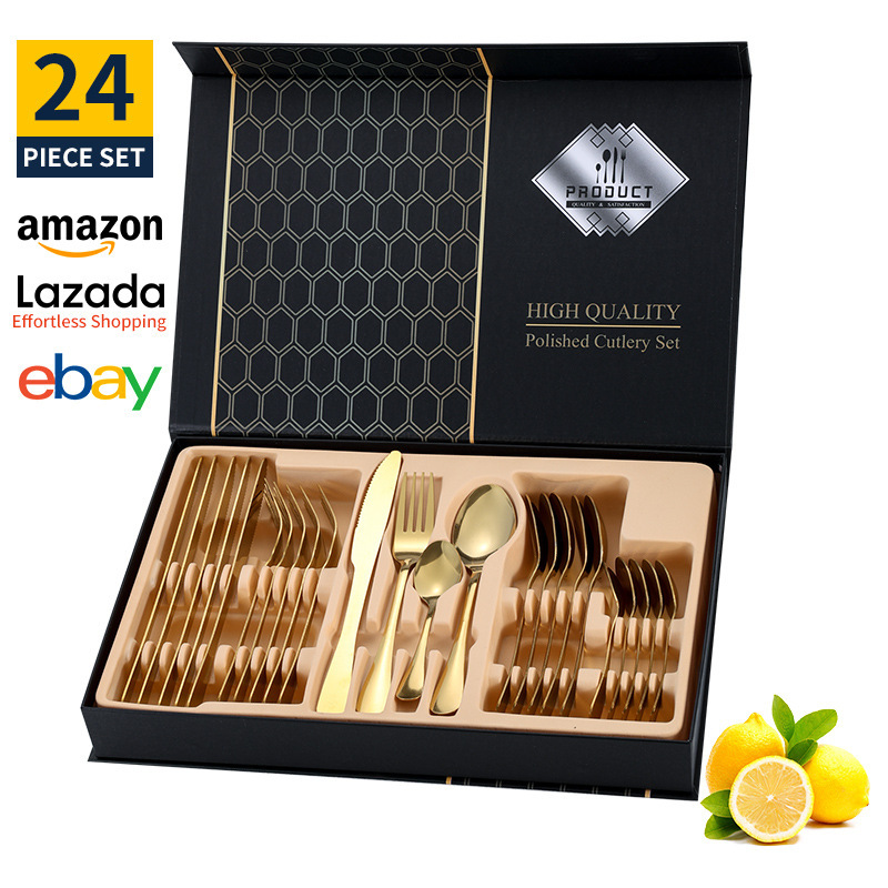 Conjunto de cubiertos de acero inoxidable transfronterizo de 24 piezas cuchillo de filete cuchara de cubiertos occidentales caja de regalo estado de ánimo cuchillo de huevo exportación