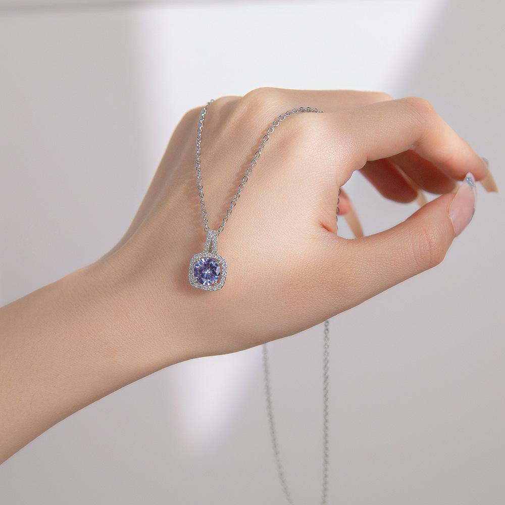 White-Plated K Plating Material Copper Pendant Material Wholesale Sweet Square Titanium Steel Copper Inlay White-Plated K Zircon Pendant Necklace