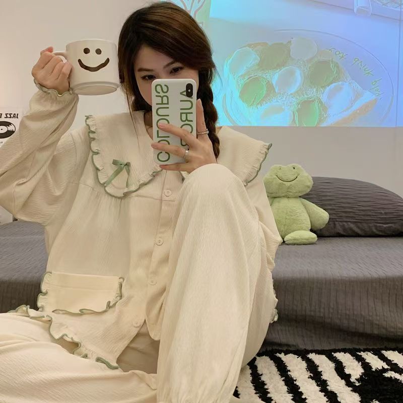 ins风甜美睡衣女春秋季新款娃娃领日系学生长袖可外穿家居服套装|undefined