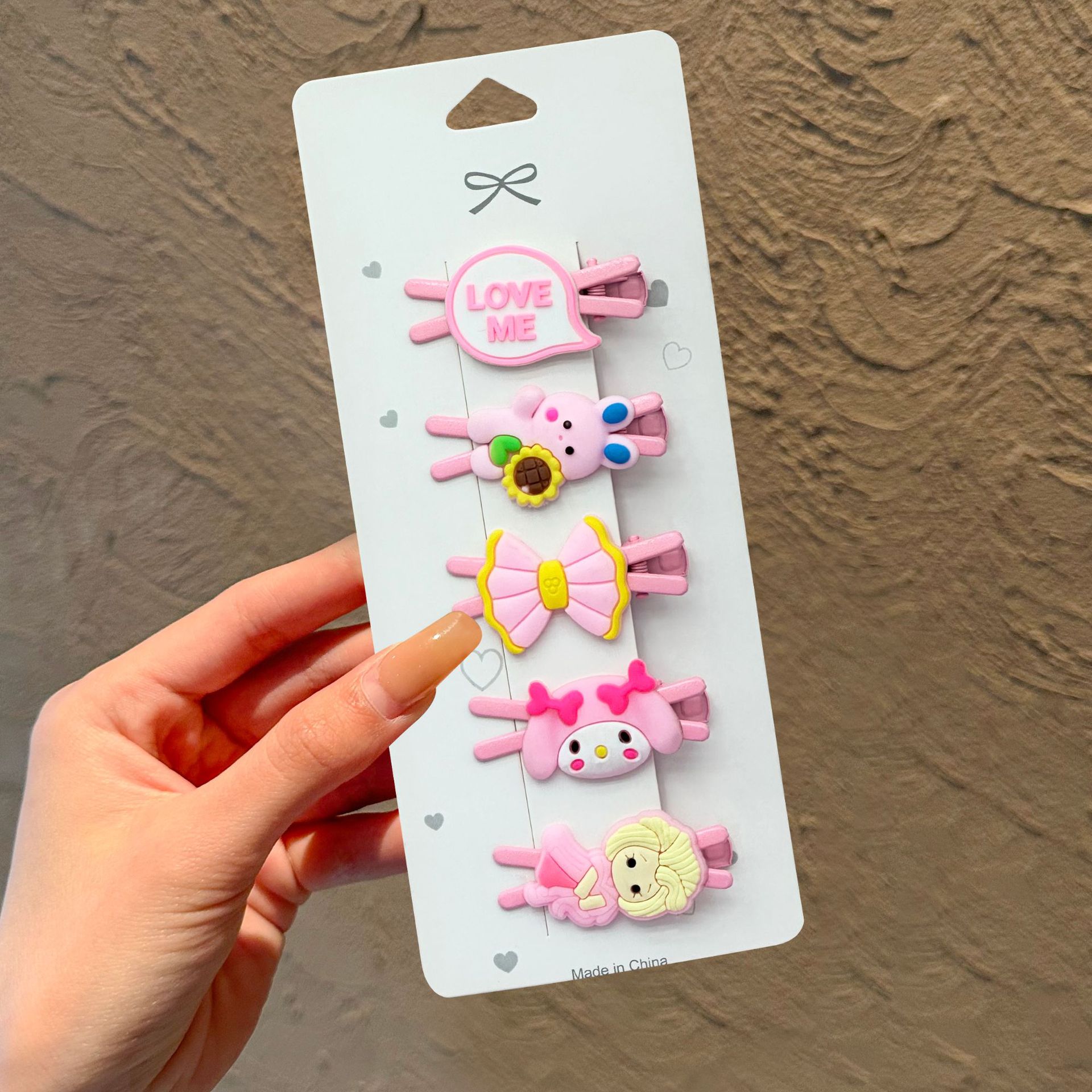 Lindo Sanrio lazo horquilla tocado niña bebé pinza de pelo roto flequillo juego de clip de una palabra para niña