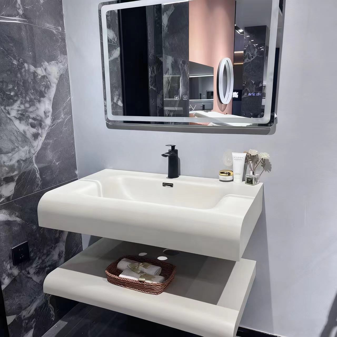 Cream-Style Double-Layer Skin-Feel Integrated Basin Bathroom Cabinet Modern Minimalist Bathroom Balcony Washbasin Wash Combination