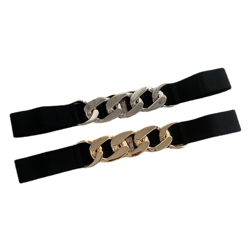 Nueva moda europea y americana cadena cinturón cintura de las mujeres que adelgaza elástico cintura delgada sello simple decoración vestido