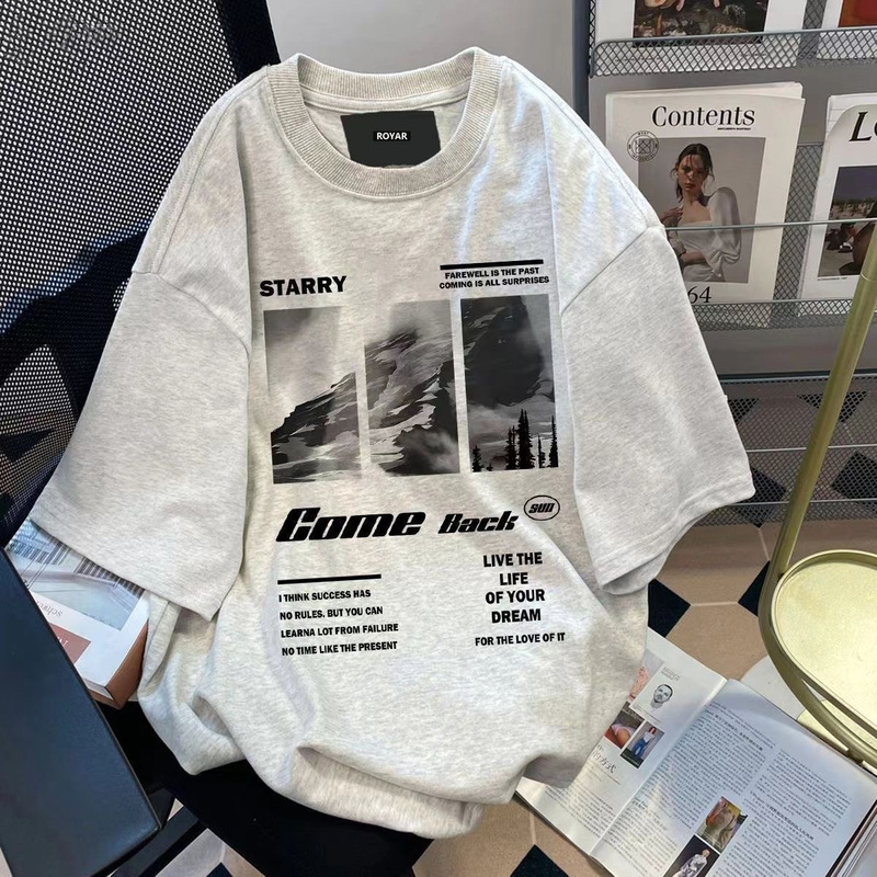 American Retro Pure Cotton Printed Short-Sleeved Men's Rock Band Summer White Gray T-Shirt Niche Trendyy Tops for Men and Women