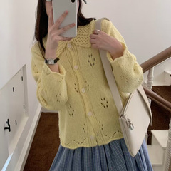 韩系奶fufu马海毛镂空翻领针织开衫女秋季新款甜美减龄毛衣外套潮