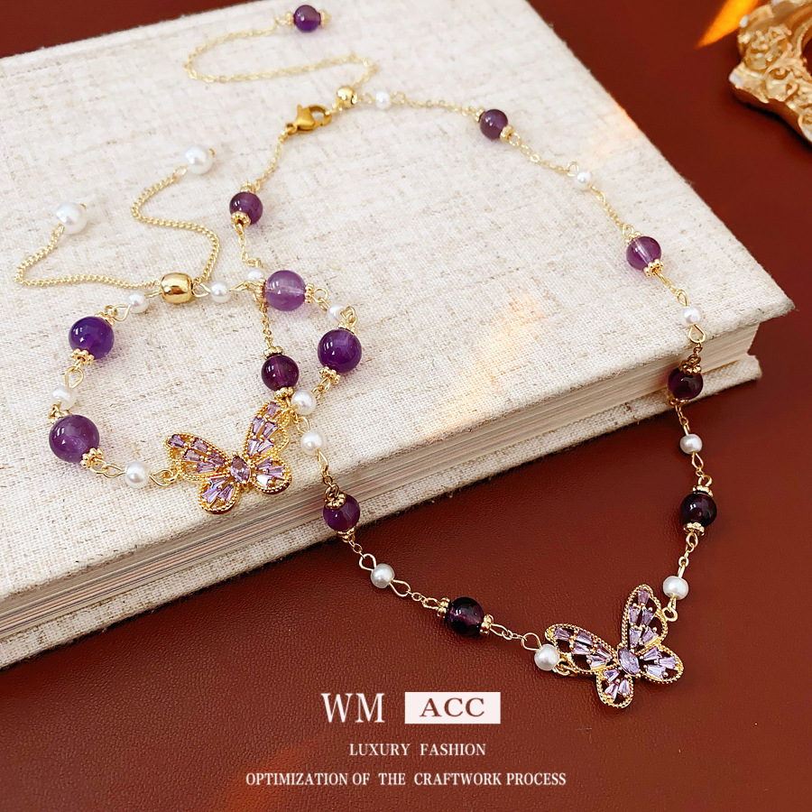 Zircon mariposa amatista pulsera de perlas de moda de viaje universal collar dulce conjunto de joyas de nicho de alta calidad