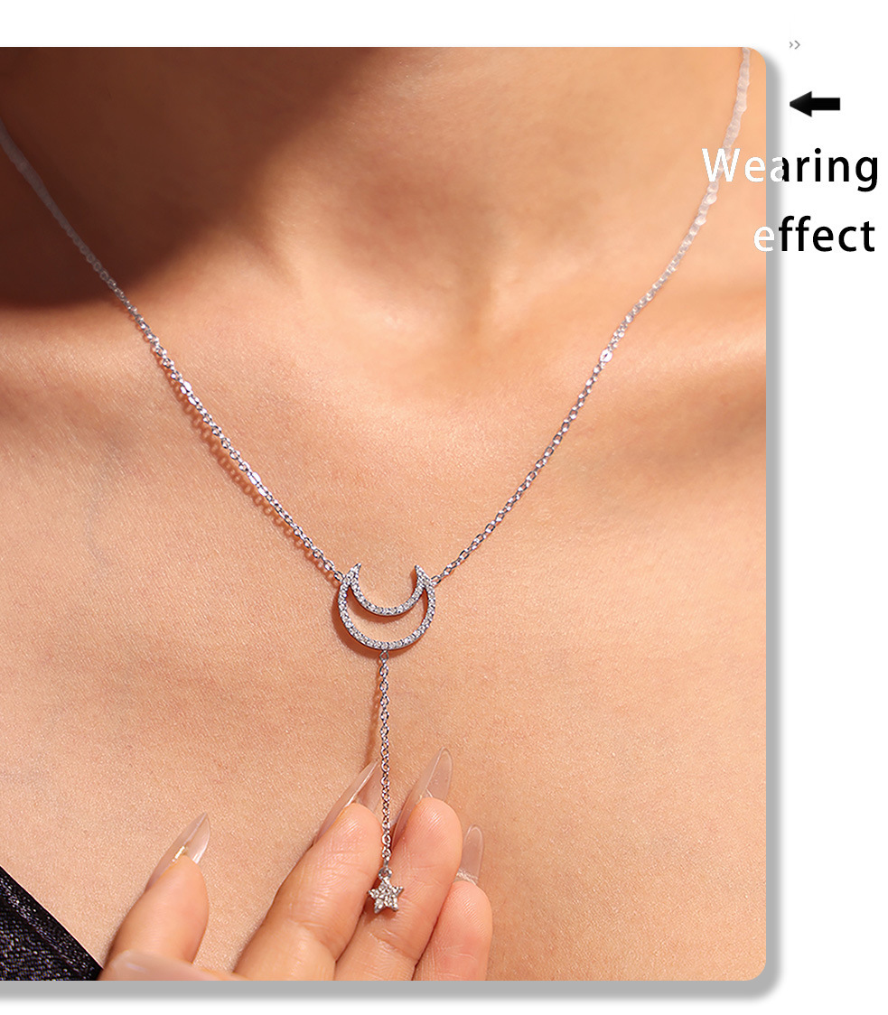 Square Sugar Starry Moon Set With Zircon Tassel Double Layered Clavicle Necklace, Feminine Style Bracelet, Titanium Steel Minimalist Set_voghion.com