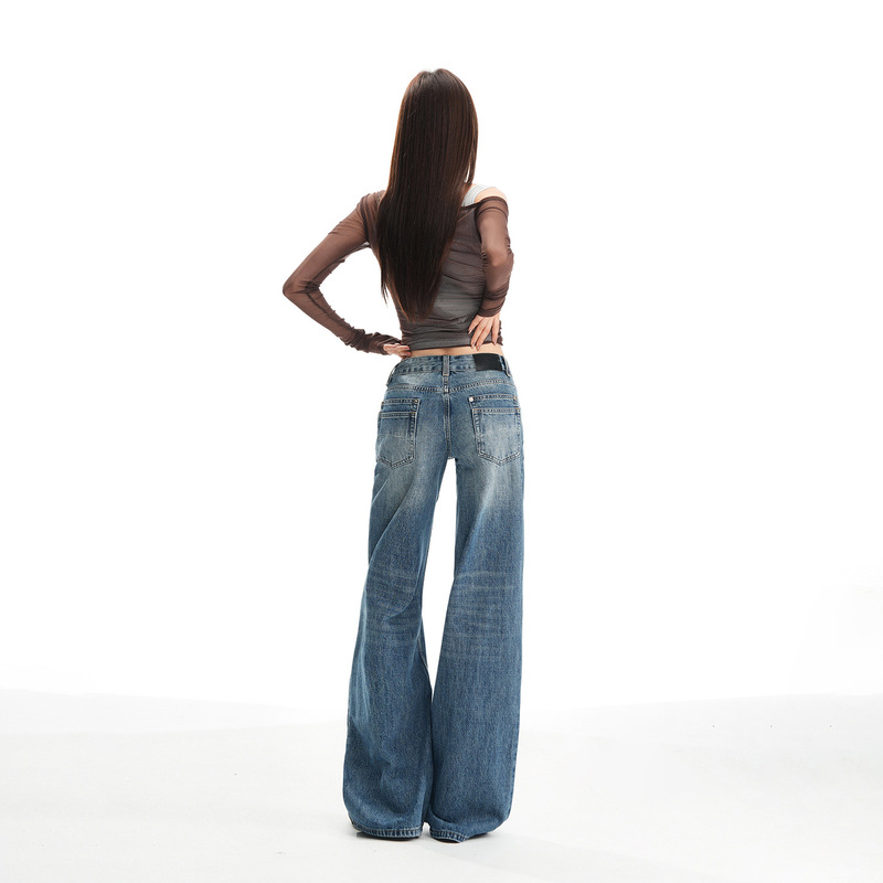 American Retro Washed Low-Waist Non-Elastic Slimming Wide-Leg Jeans for Women 2025 Autumn and Winter New Low-Waist Non-Elastic Slimming