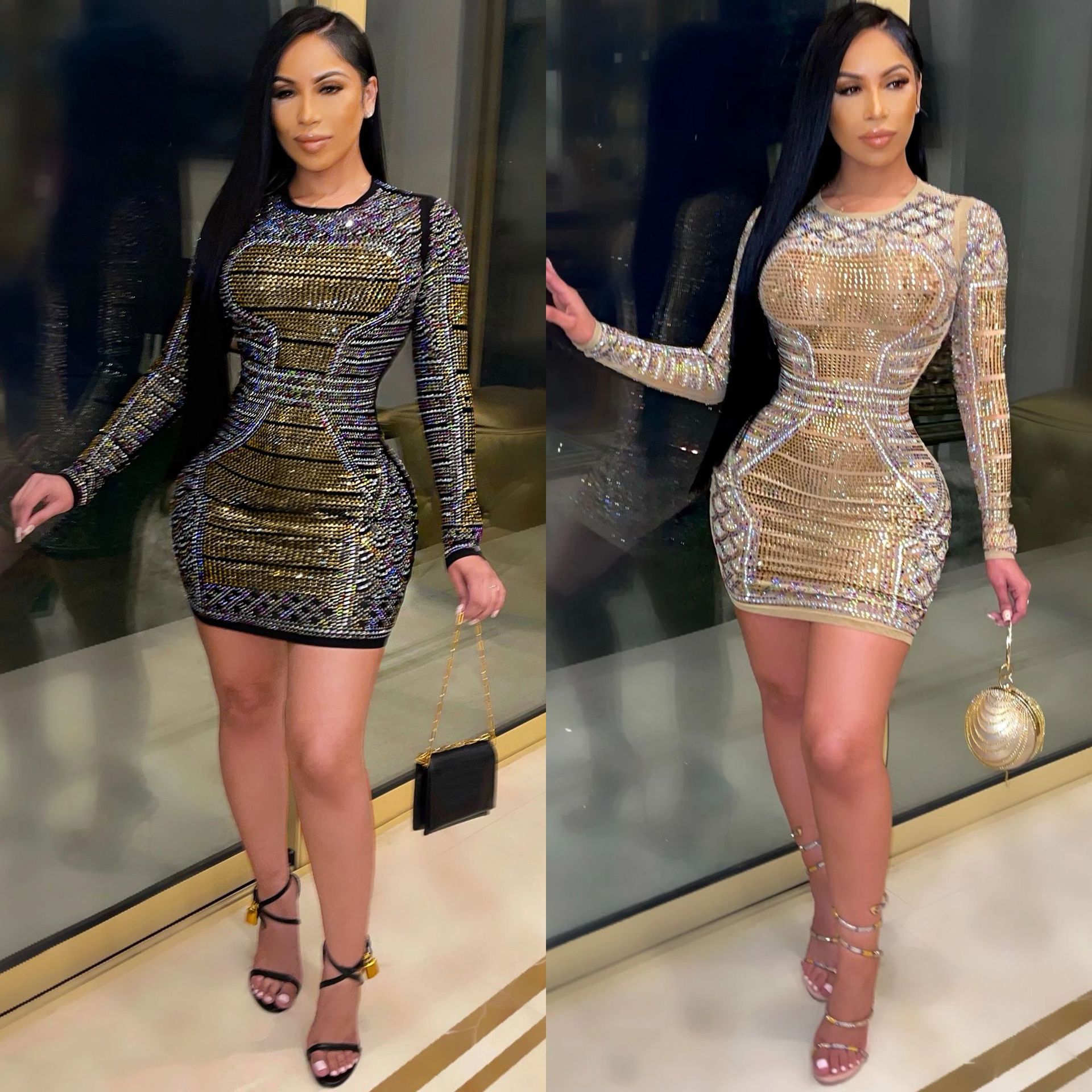 X5096 AliExpress Amazon moda europea y americana nuevo club nocturno sexy seda de la leche caliente rhinestone color diamante vestido manga larga