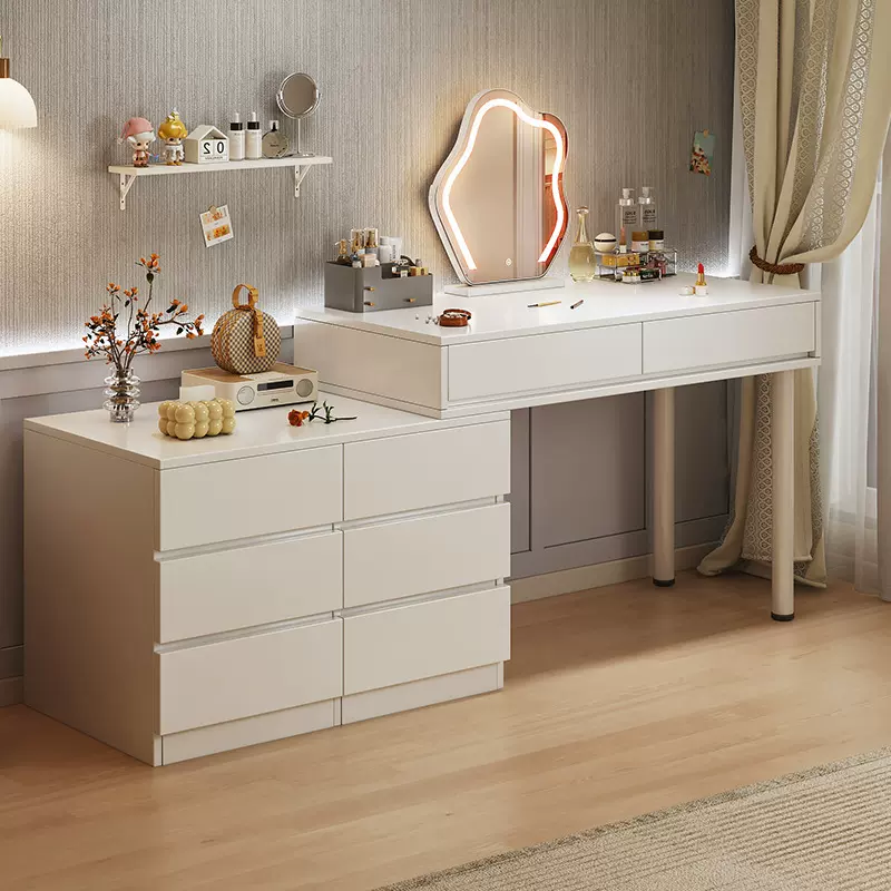 实木奶油风梳妆台斗柜一体卧室简约现代书桌可伸缩化妆台化妆桌子